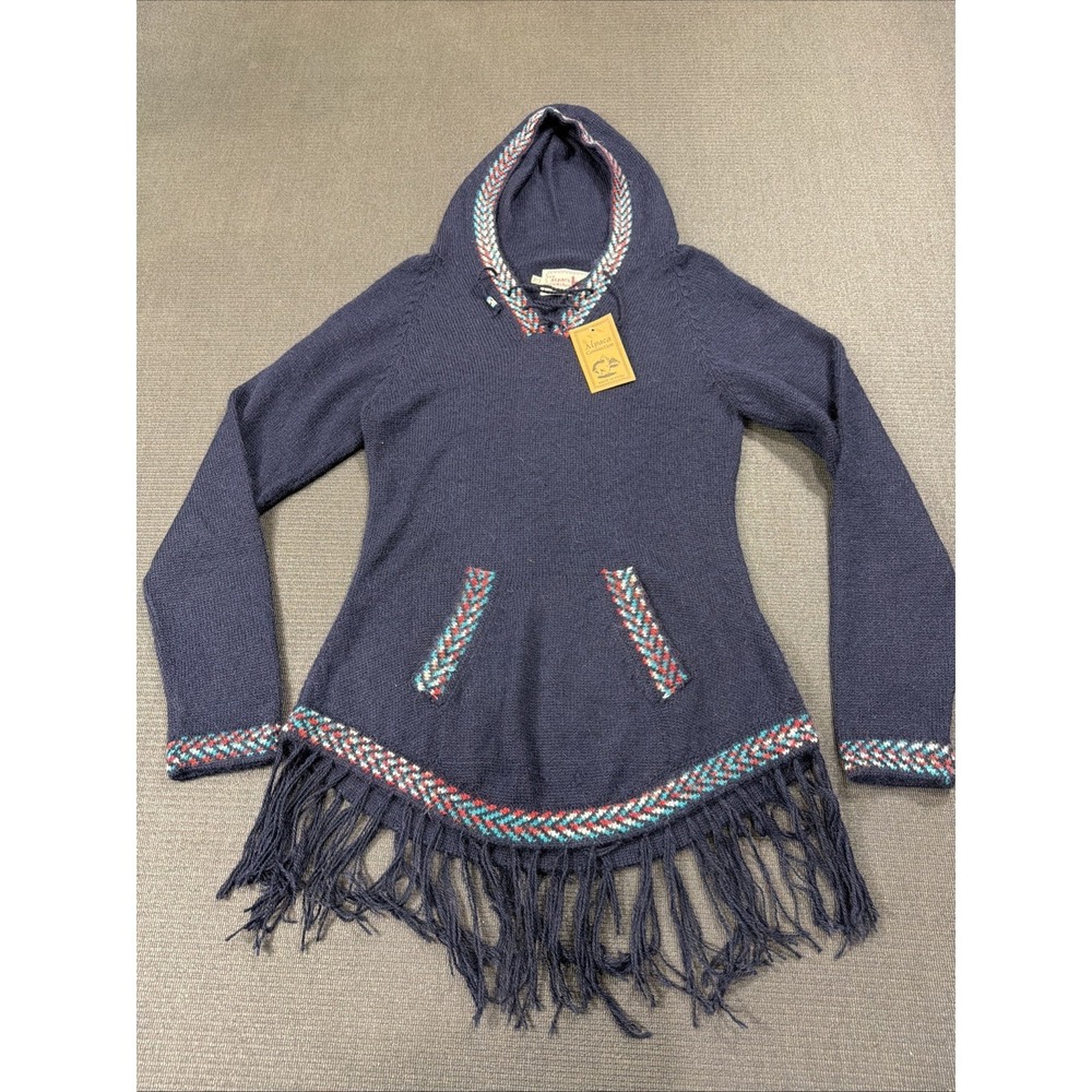 New The Alpaca Connection Blue‎ Handmade Peruvian Alpaca Knit Sweater Hoodie L